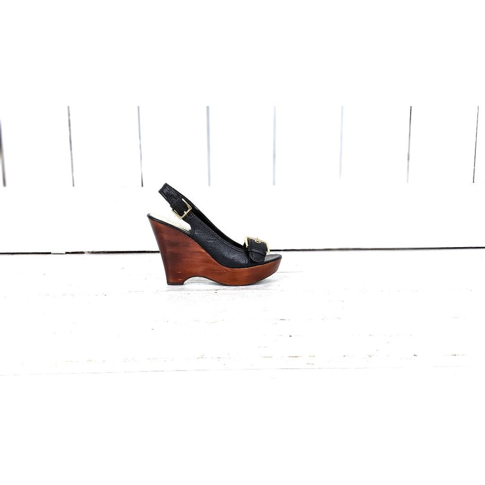 Nine West black leather open toe buckle high heel wedge platform slingbacks